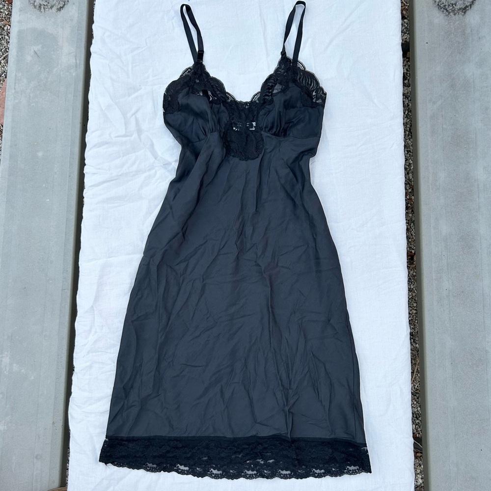 Vintage 70s 80s Lady Lynne Black Lace Midi Slip Dress, Romantic Grunge Boho